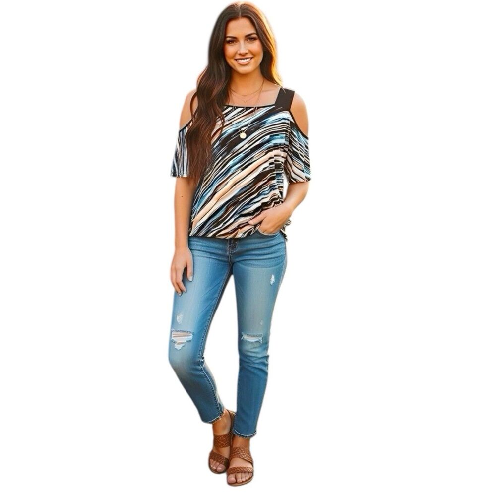 Cato Womens Blouse Sz Medium off-shoulder Striped  Retro Colorful Y2k 2000's